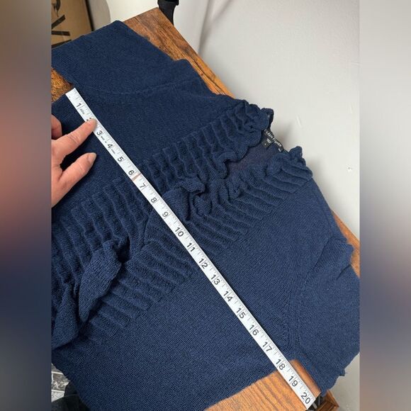 Eileen Fisher Navy Blue Linen Blend Cardigan Sweater Small S knitted ruffles - Picture 11 of 14